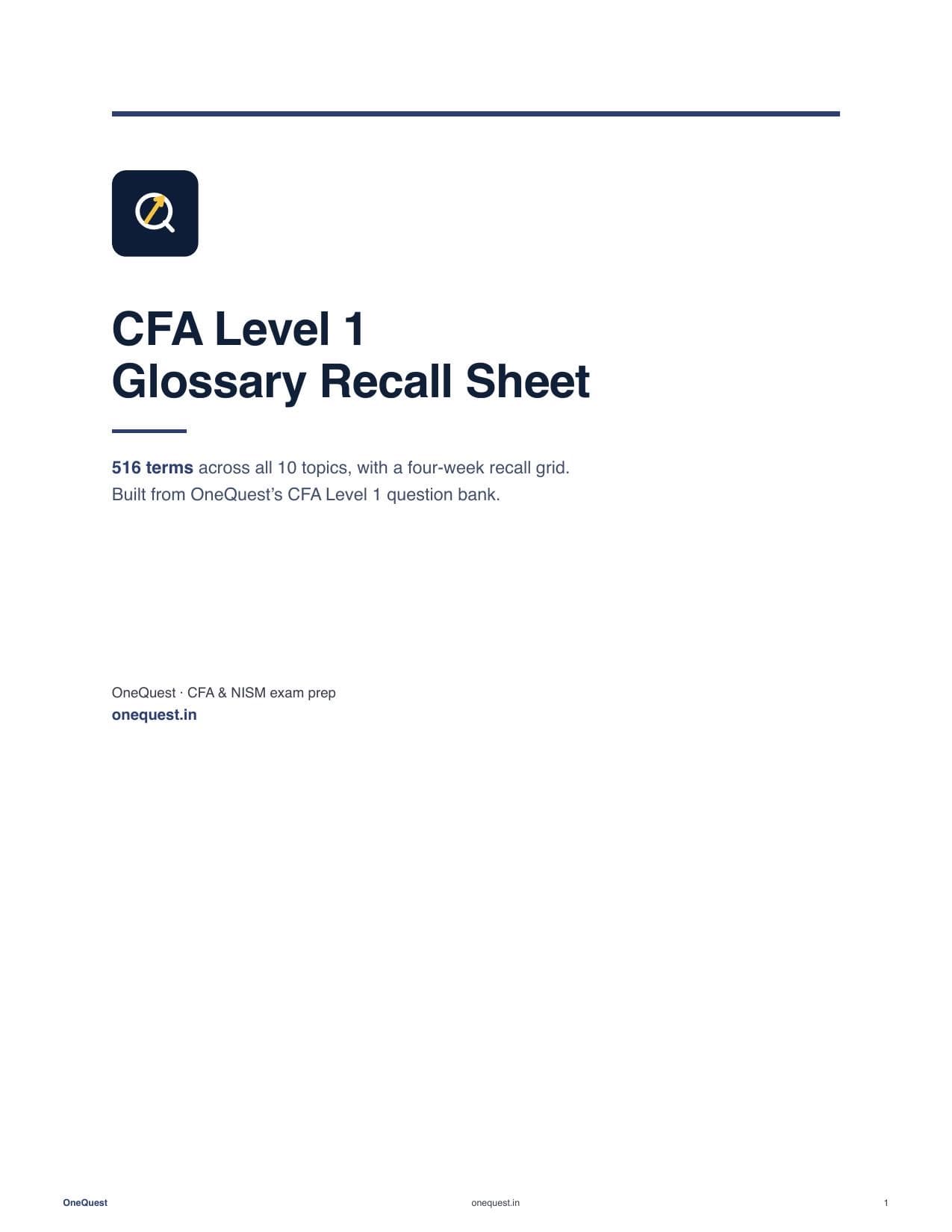 Cover of the CFA Level 1 Glossary Recall Sheet, a 81-page PDF from OneQuest.