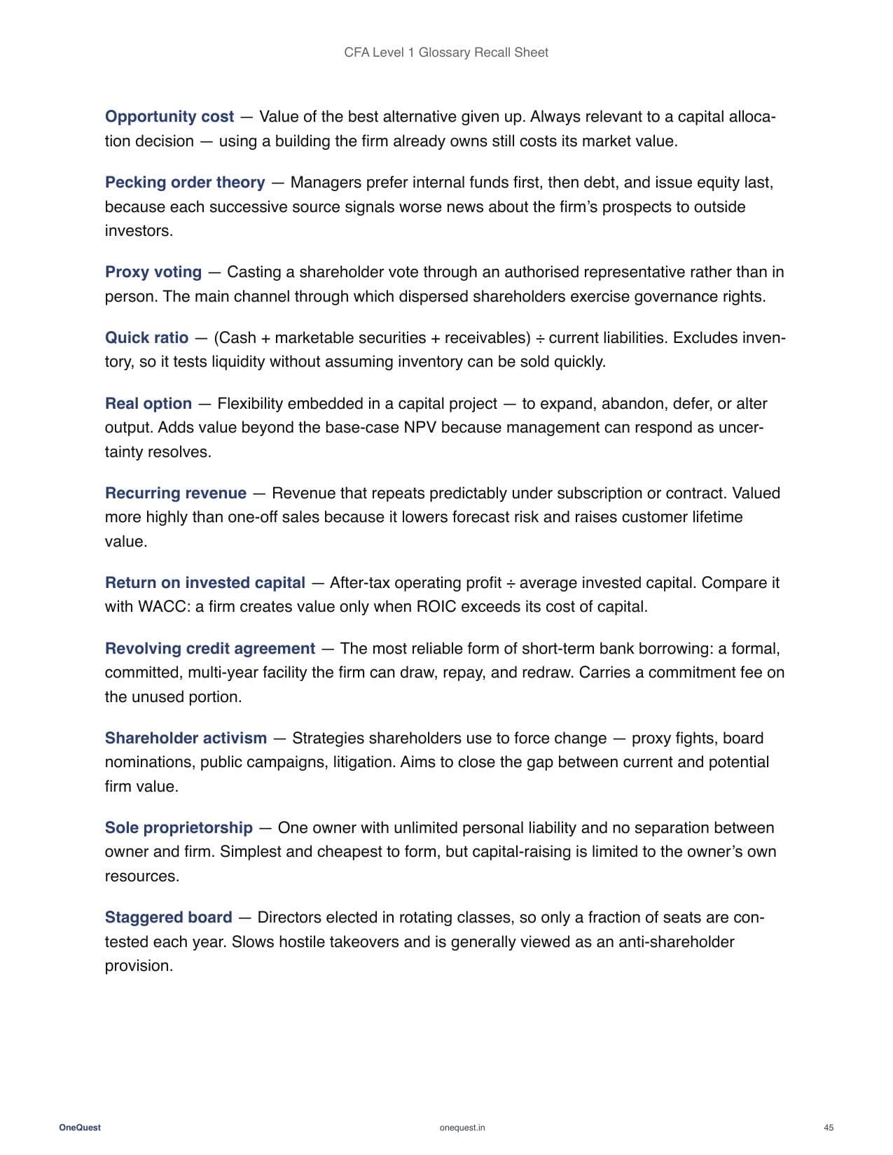 A definitions page from Part 2 of the sheet, showing short check-yourself definitions of corporate issuer terms.